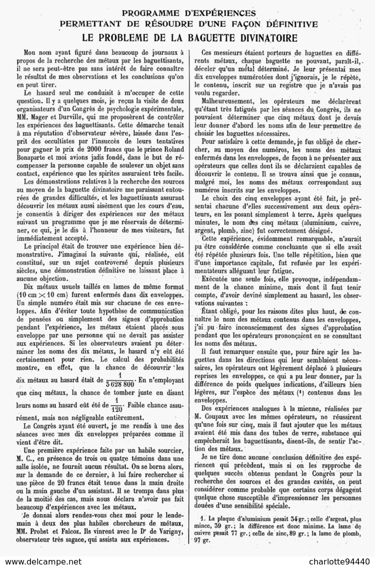 LE PROBLEME DE LA  BAGUETTE DIVINATOIRE  1913 - Sciences