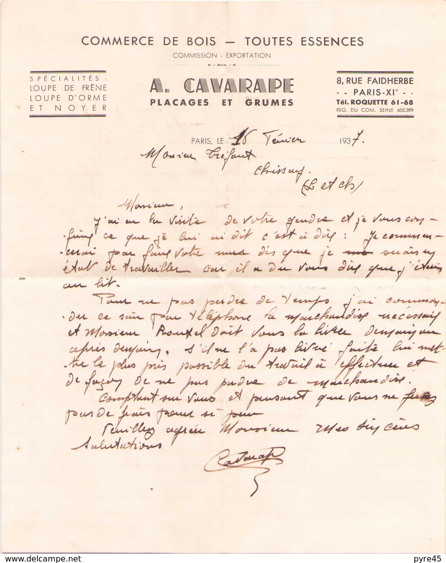 Lettre à En-tête A.Cavarape Placages Et Grumes Du 18 Février 1937 - Manuscrits