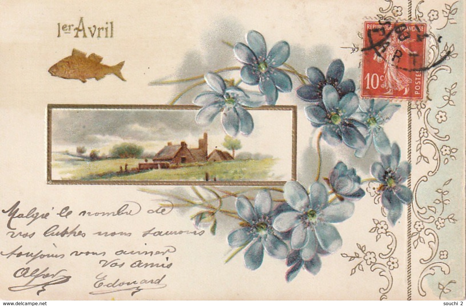 HO 25 - CARTE GAUFREE FANTAISIE 1er AVRIL - PAYSAGE CAMPAGNARD , FLEURS ET POISSON    -2 SCANS - 1er Avril - Poisson D'avril