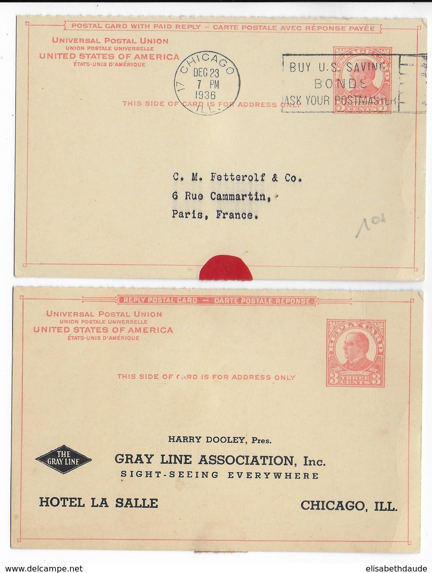 1936 - USA - CARTE ENTIER REPIQUEE Avec REPONSE PAYEE - 2 PARTIES SEPAREES - De CHICAGO => PARIS - 1921-40