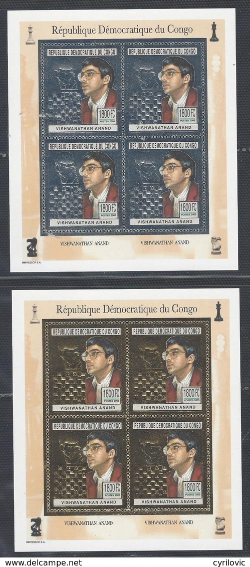 Chess, Congo 2005, Mi 1823 & Mi 1825, MNH, Anand Silver & Gold, Blocks Of 4 - Echecs