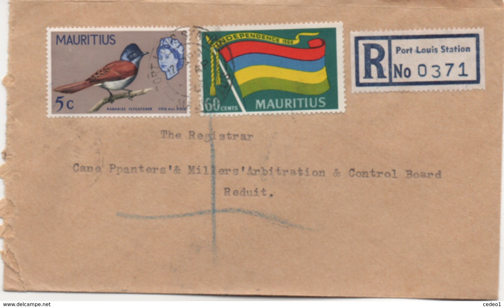 ILE MAURICE  RECOMMANDE  BUREAU  PORT LOUIS STATION - Mauritius (1968-...)