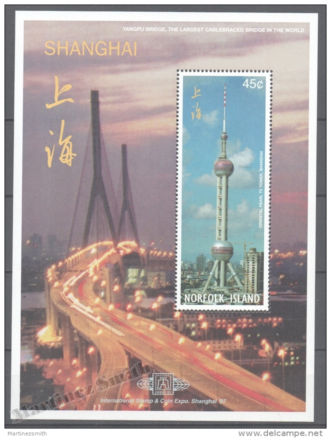 Norfolk Island 1997 Yvert BF 24, Shanghai '97, Internal Phiatelic Exposition, Television Tower - Miniature Sheet - MNH - Norfolk Island