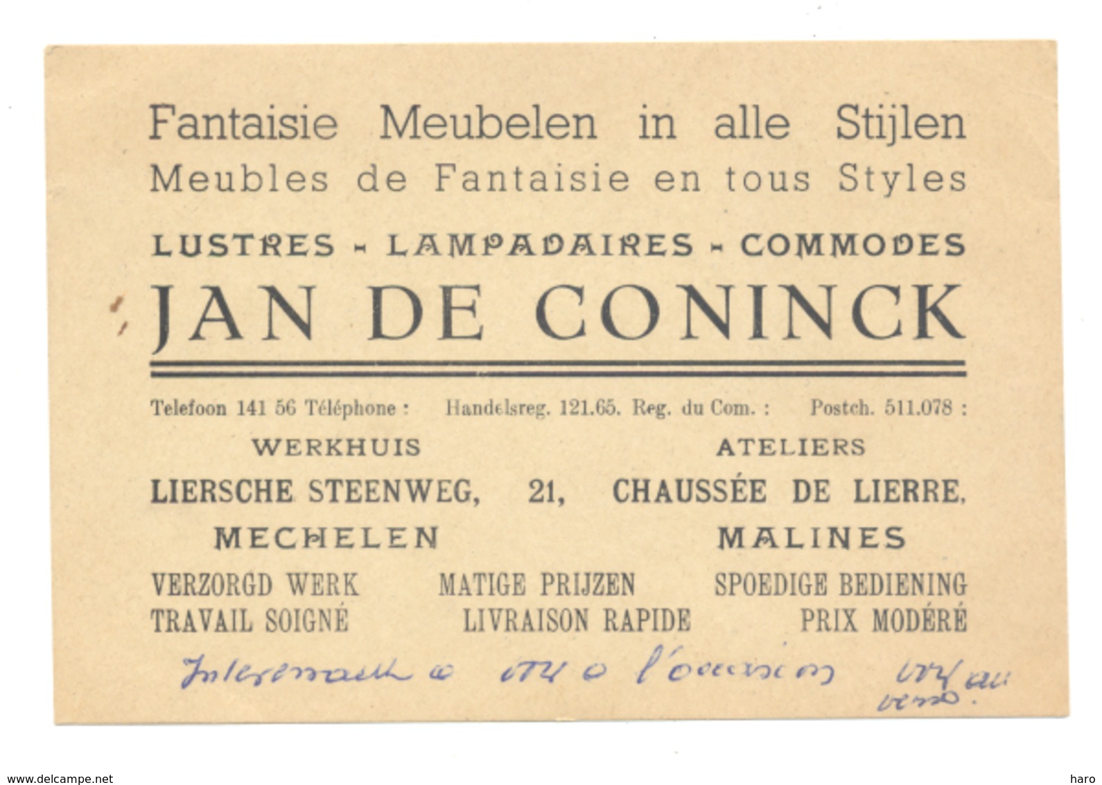 Carte De Visite - Meubelen, Meubles,.. Jan DE CONINCK à MECHELEN / MALINES 1947 (k) - Cartes De Visite