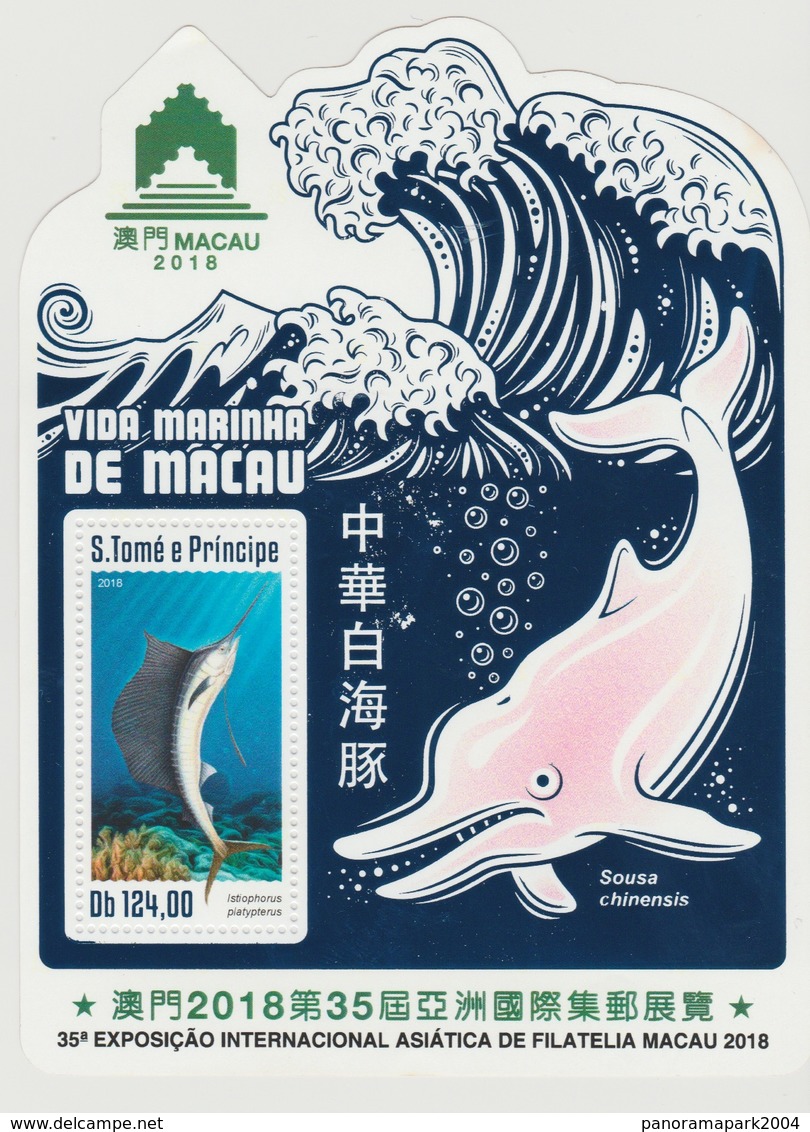 S. Tome Principe 2018 Mi. Bl. ? Foil Marine Life Macau Faune Fauna Dauphin Dolphin Delfin Fishes Poissons Fische - Sao Tome Et Principe