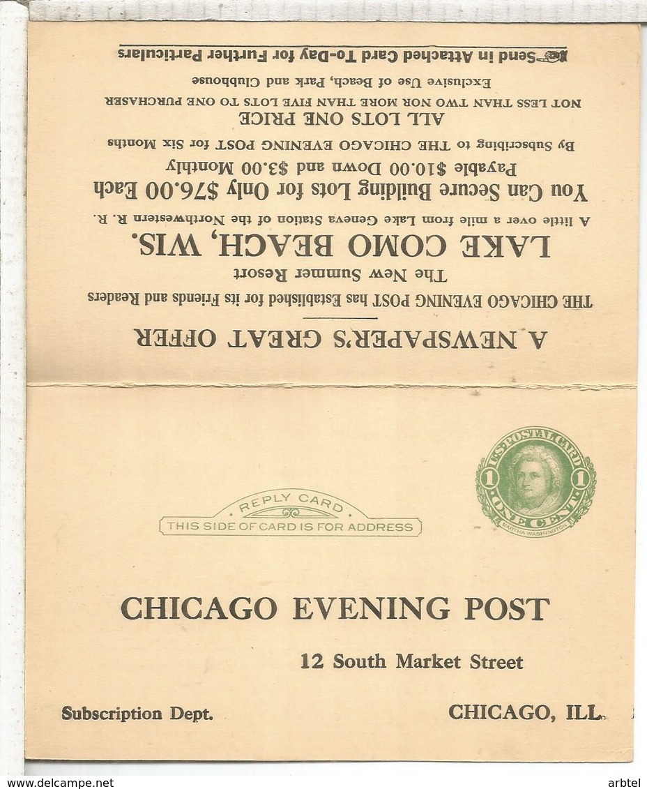 ESTADOS UNIDOS USA 1926 ENTERO POSTAL CHICAGO EVENING POST LAKE COMO - Otros & Sin Clasificación