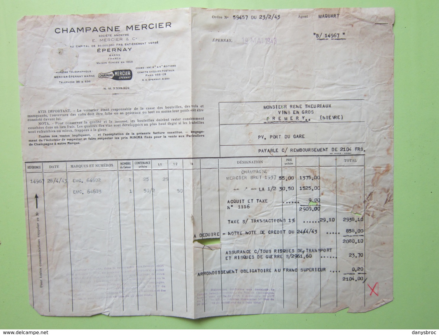 Facture Document - (par GARE) CHAMPAGNE MERCIER à EPERNAY (51) Pour Prémery (58) Le 19/05/1943 - 1900 – 1949