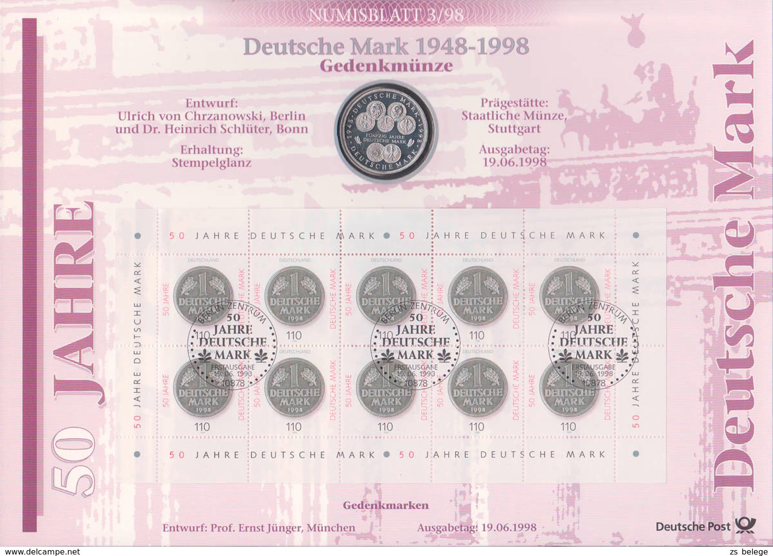 Numisblatt Deutsche Mark 1948 - 1998 Gedenkmünze Zu 5 DM Mit 10er Bogen Der Marke - Commemorations