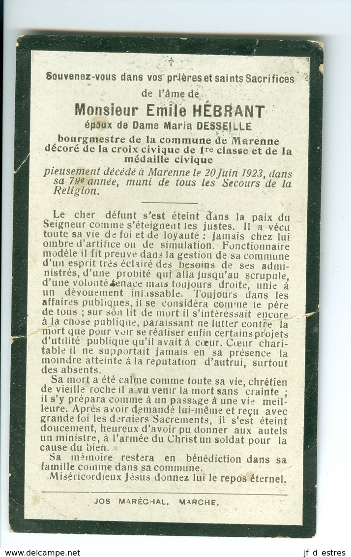 SM Emile Hébrant épx Maria Desseille, Bourgmestre De Marenne, 1923 - Décès