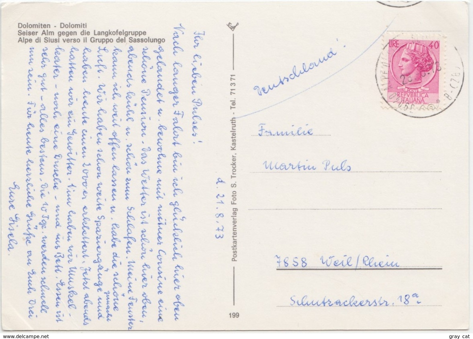 Italy, Dolomiti, Alpe Di Siusi, Italy, 1973 Used Postcard [21945] - Bolzano (Bozen)