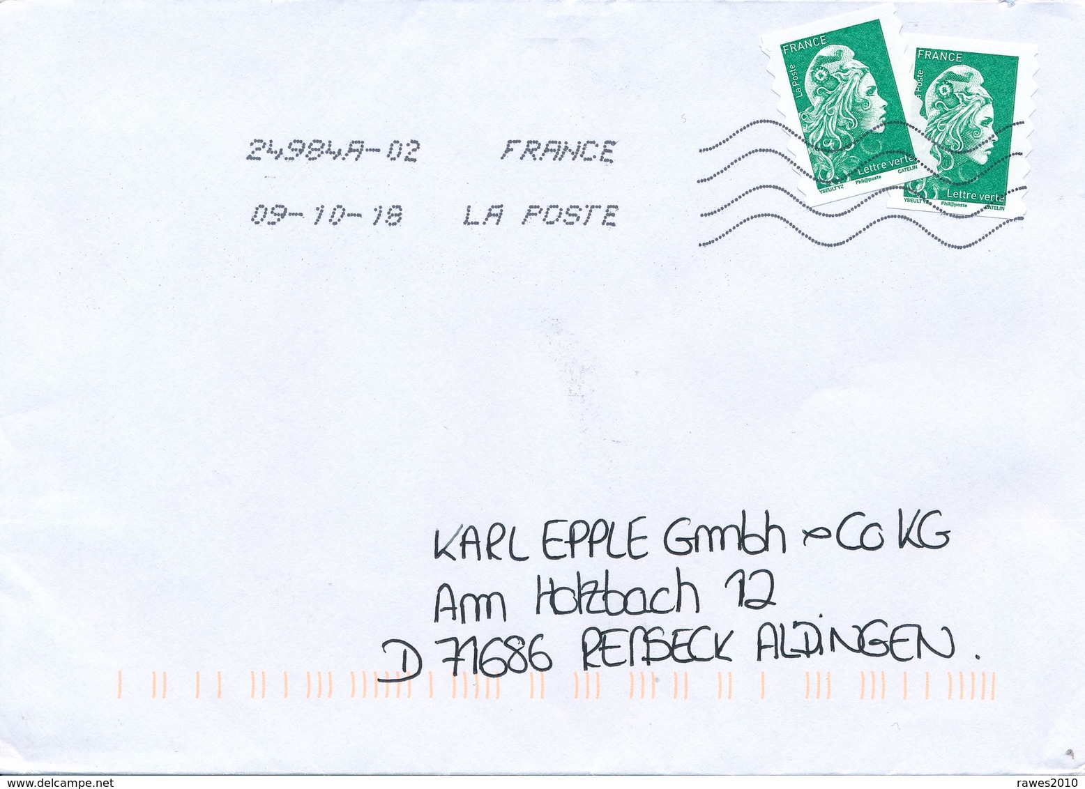 Frankreich 2x Marianne U. O. Geschnitten Lettre Verte TGST 2018 Brief Nach Deutschland - 1961-....