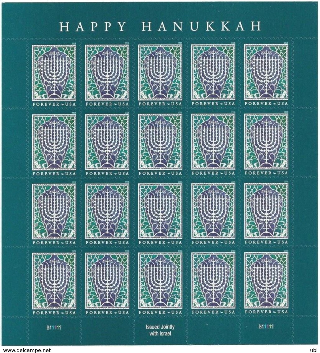 USA 2018 - Joint Issue With ISRAEL - The Hanukkah Eight-Candles Candelabra - Sheet Of 20 S/adh. "Forever" Stamps - MNH - Jewish