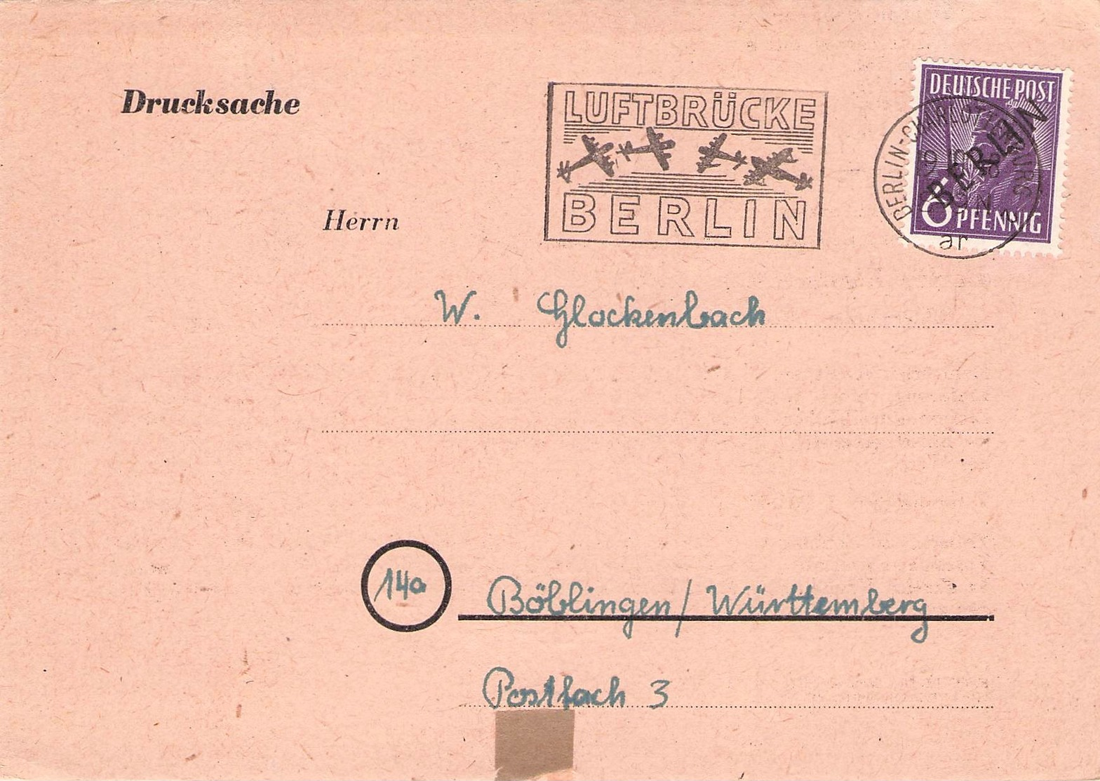 BERLIN/WEST - POSTKARTE/DRUCKSACHE -> BÖBLINGEN Mi #22 - Covers & Documents