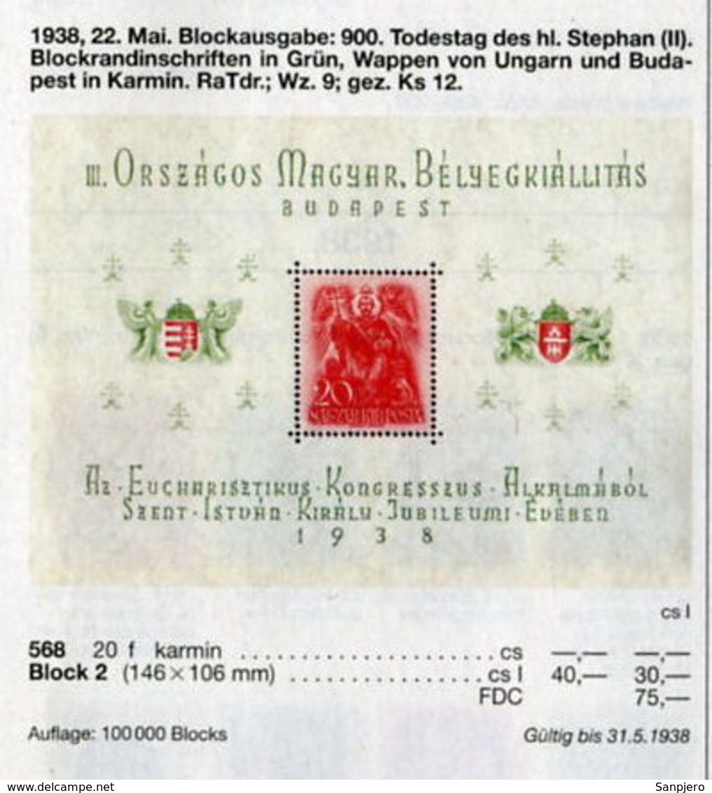 HUNGARY BLOCK 1938. **MNH MiNr. 568 BUDAPEST, (LIGHTLY FOLDED SEE PHOTO SCAN), CatValue 40€ - Unused Stamps
