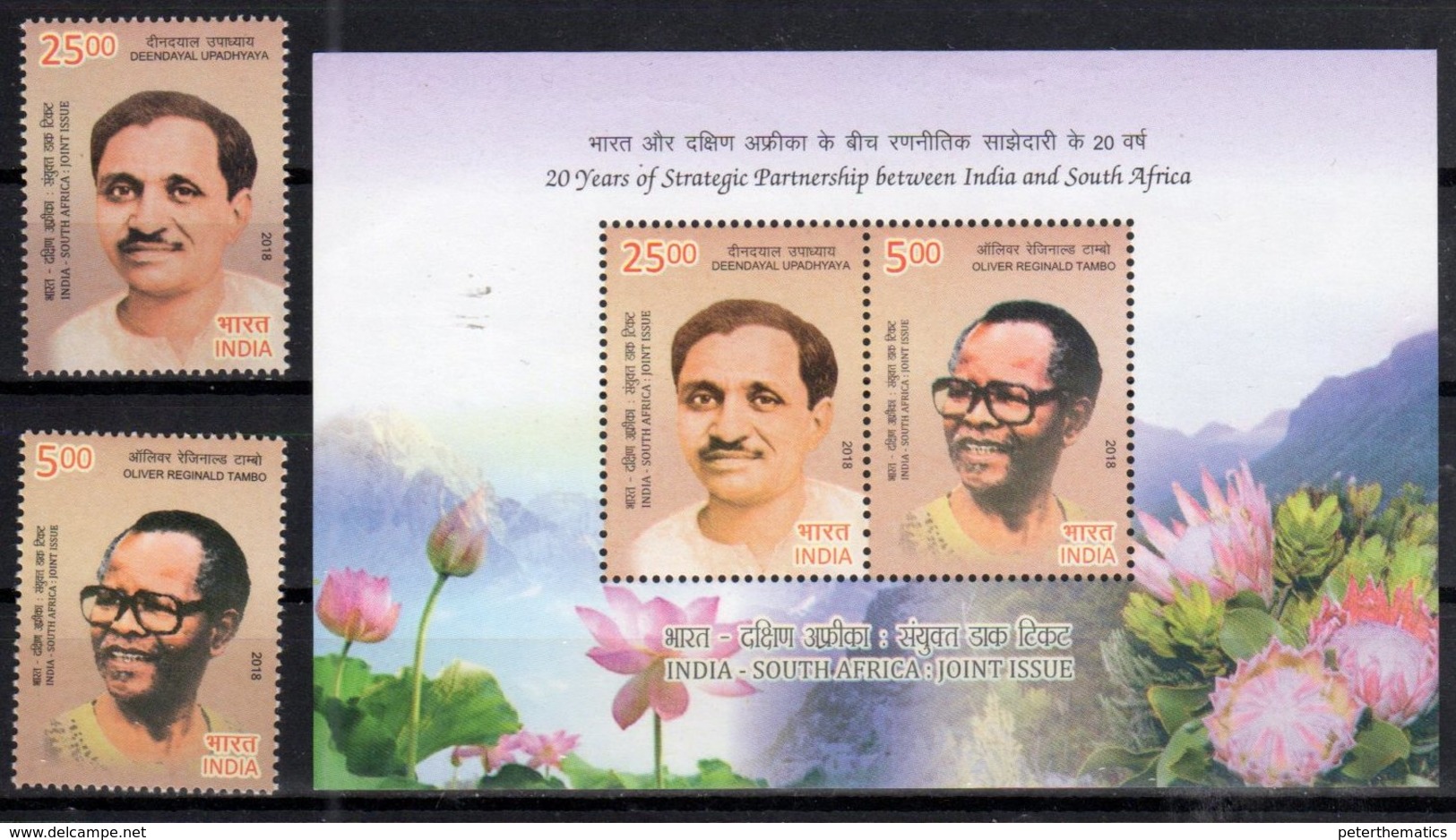 INDIA, 2018, MNH, JOINT ISSUE WITH SOUTH AFRICA, MOUNTAINS, FLOWERS, OLIVER TAMBO, 2v+S/SHEET - Joint Issues