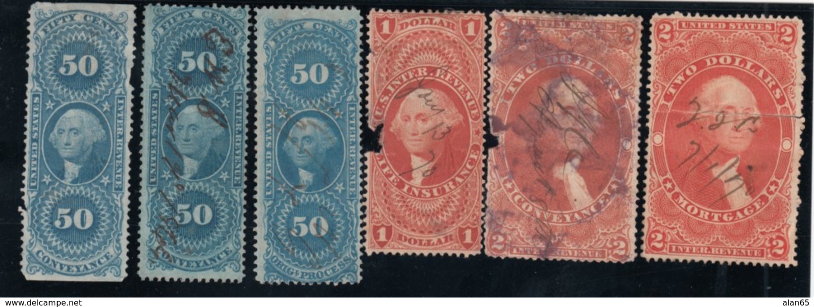 Lot Of 6, Sc#R54c (x2) #R60c #R71c #R81c #R82c 50c-$1-$2 Orig/Proc. Conveyance Mortgage, Revenue Issue Of 1862-71 Stamps - Revenues