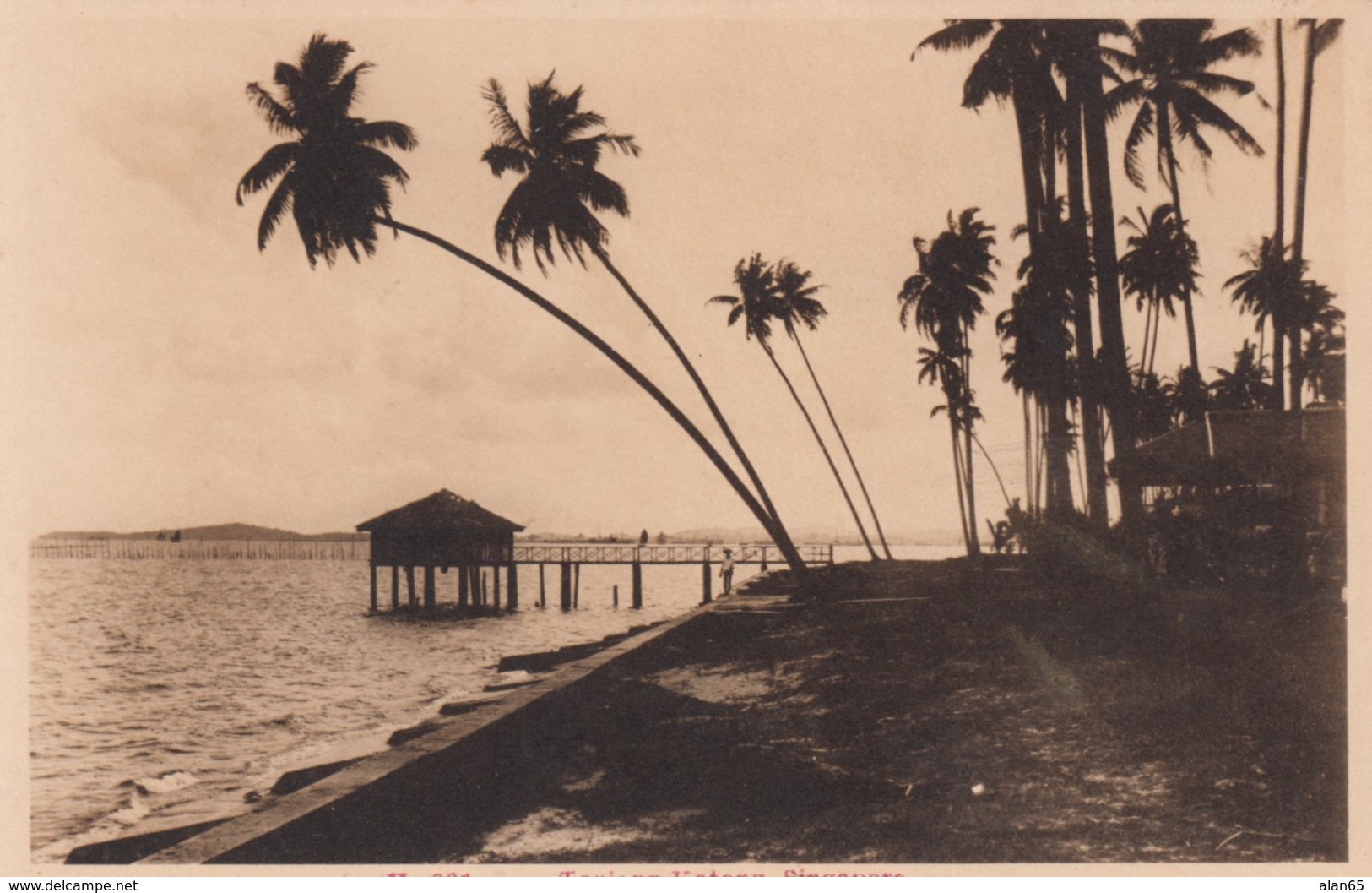 Singapore, Tanjong Katong Beach Scene With Pier And Building, C1910s/20s Vintage Postcard - Singapore