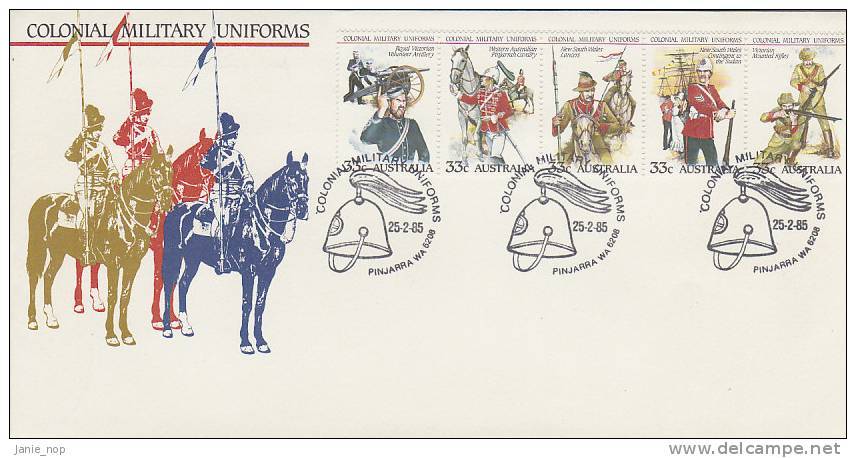 Australia 1985 Colonial Uniforms FDC Pinjarra Ptmk - Omslagen Van Eerste Dagen (FDC)