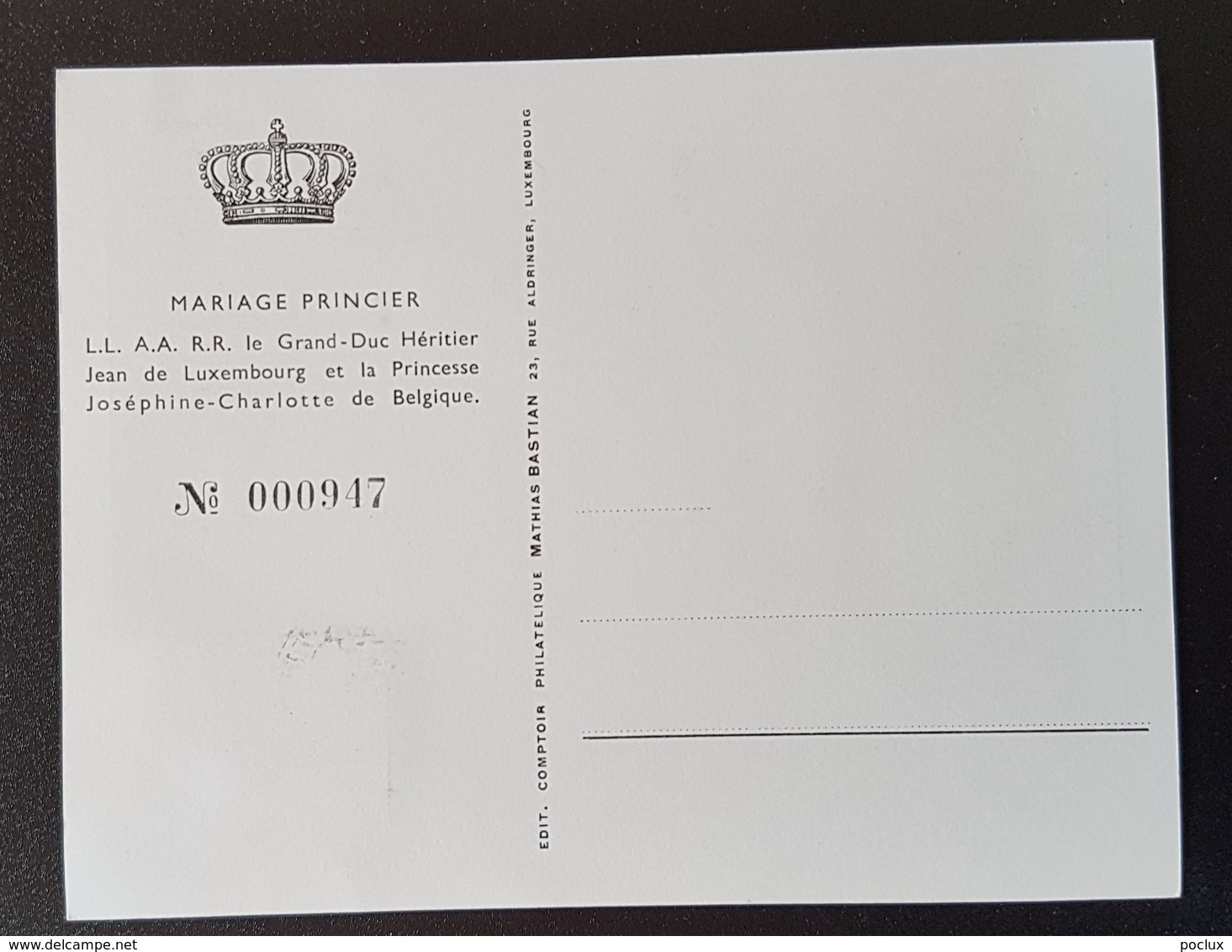 Luxembourg- Mariage Princier: Grand Duc Héritier Jean De Luxembourg/Princesse Joséphine-Charlotte De Belgique. - Cartoline Commemorative