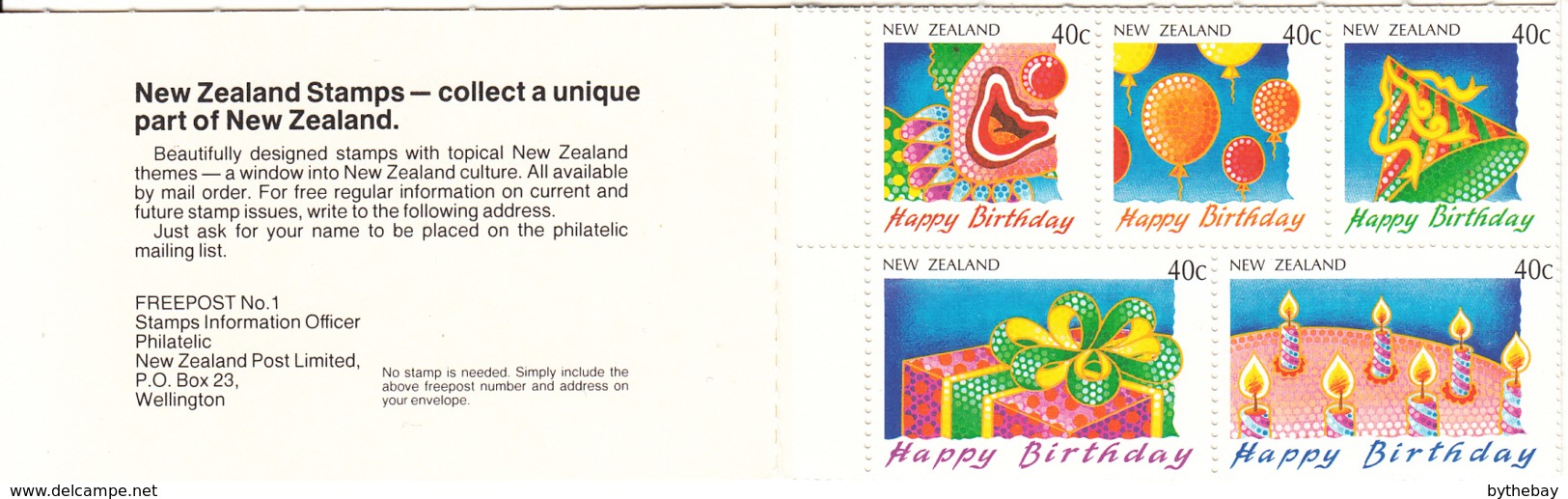 New Zealand 1991 MNH Scott #1032a Pane Of 5 40c Happy Birthday Clown, Balloon, Presents, Hat, Cake - Carnets