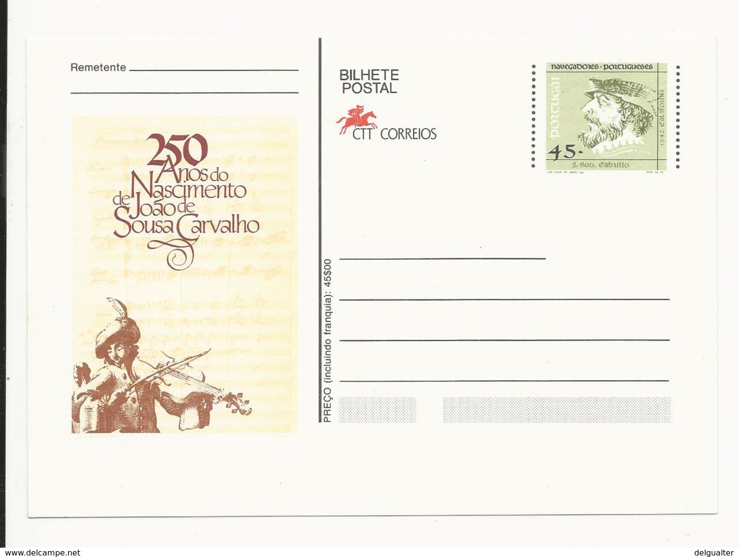 Postal Stationery * Portugal * Navegadores Portugueses * 250 Anos Do Nascimento De João De Sousa Carvalho - Postal Stationery