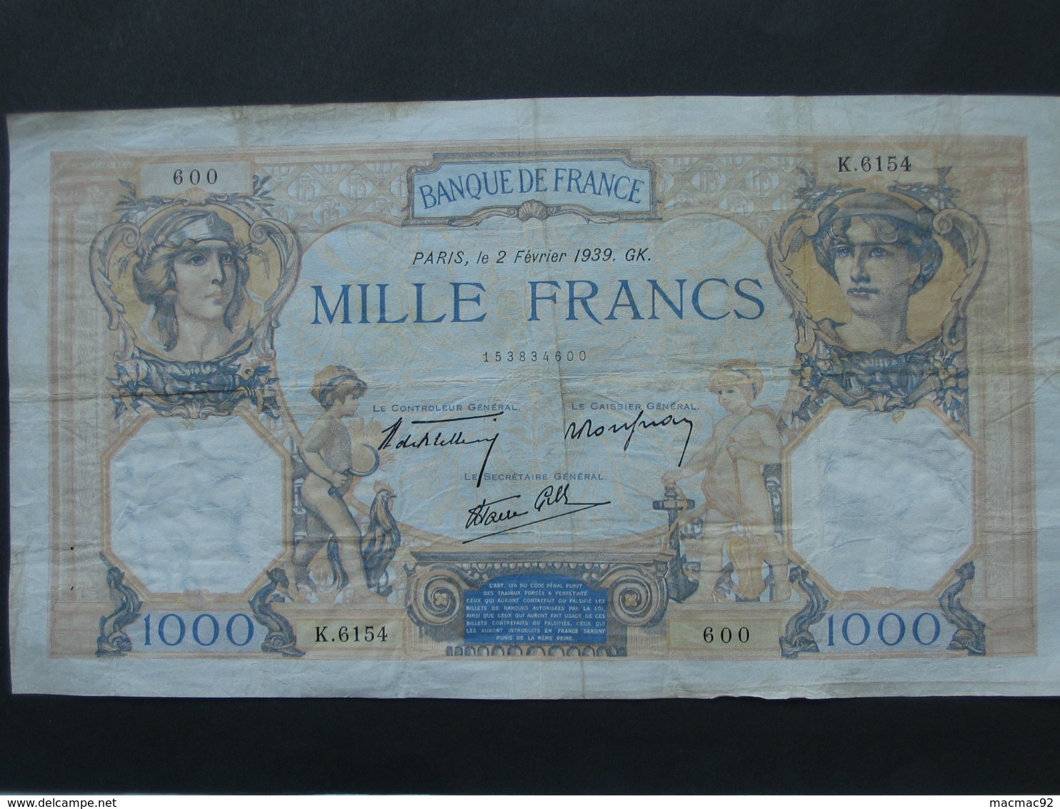 1000 Francs - Cérès Et Mercure  1939 **** EN ACHAT IMMEDIAT **** - 1 000 F 1927-1940 ''Cérès Et Mercure''