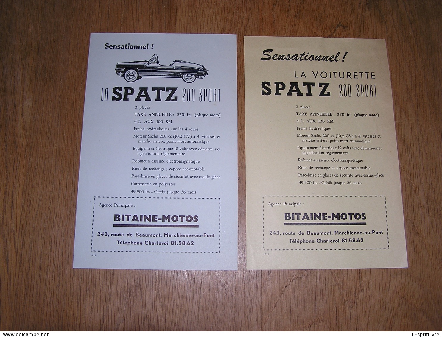 SPATZ 200 SPORT Voiture Automobile Agence Bitaine Motos à Marchienne Au Pont Ancienne Publicité 1956 1958 Pub Originale - Publicités