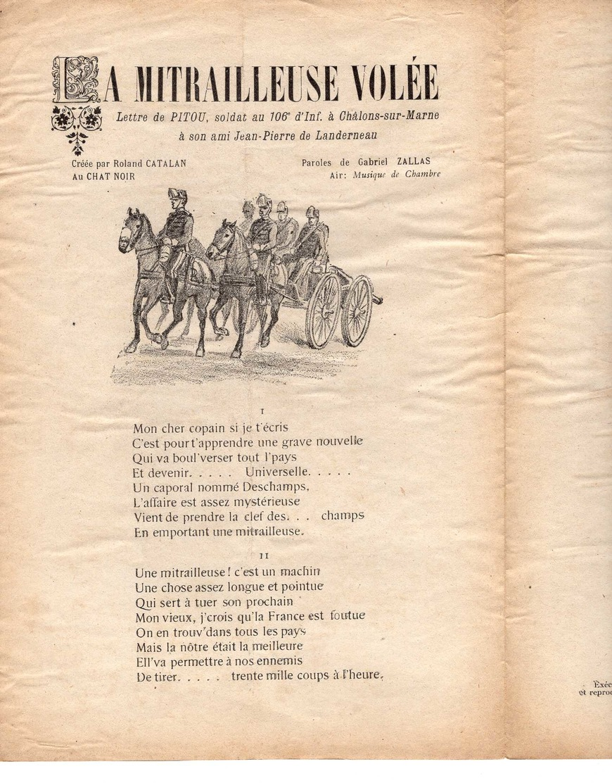 CAF CONC RUE POPULAIRE MILITARIA CHAT NOIR PARTITION LA MITRAILLEUSE VOLÉE CHALONS-MARNE DESCHAMPS ZALLAS CATALAN - Autres & Non Classés