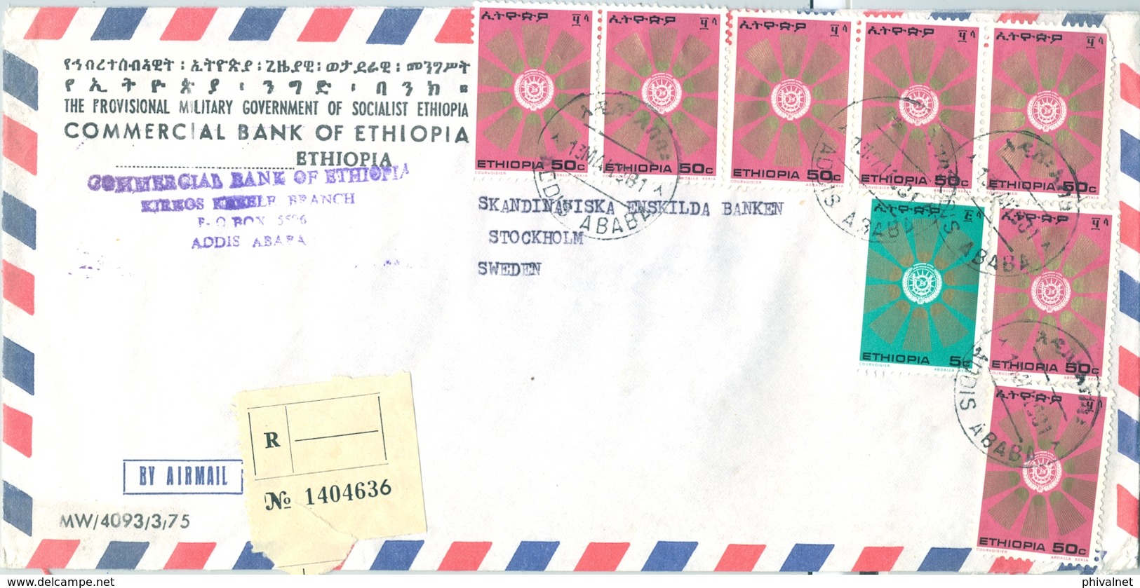 1961 , ETIOPIA , CERTIFICADO A ESTOCOLMO , COMMERCIAL BANK OF ETHIOPIA , ADDIS ABEBA , CORREO AÉREO - Ethiopia