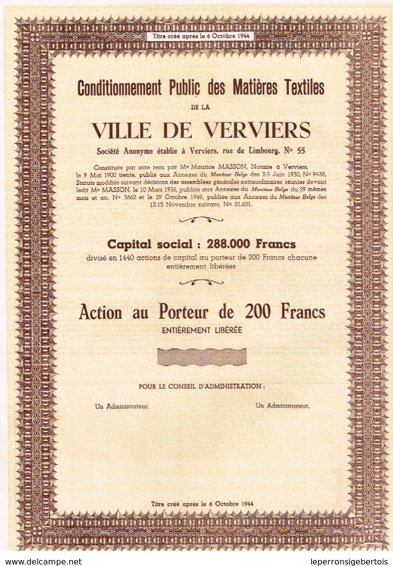 Actions Anciennes - Lots De 2 Titres Conditionnement Public Des Matières Textiles De La Ville De Verviers - Industrie