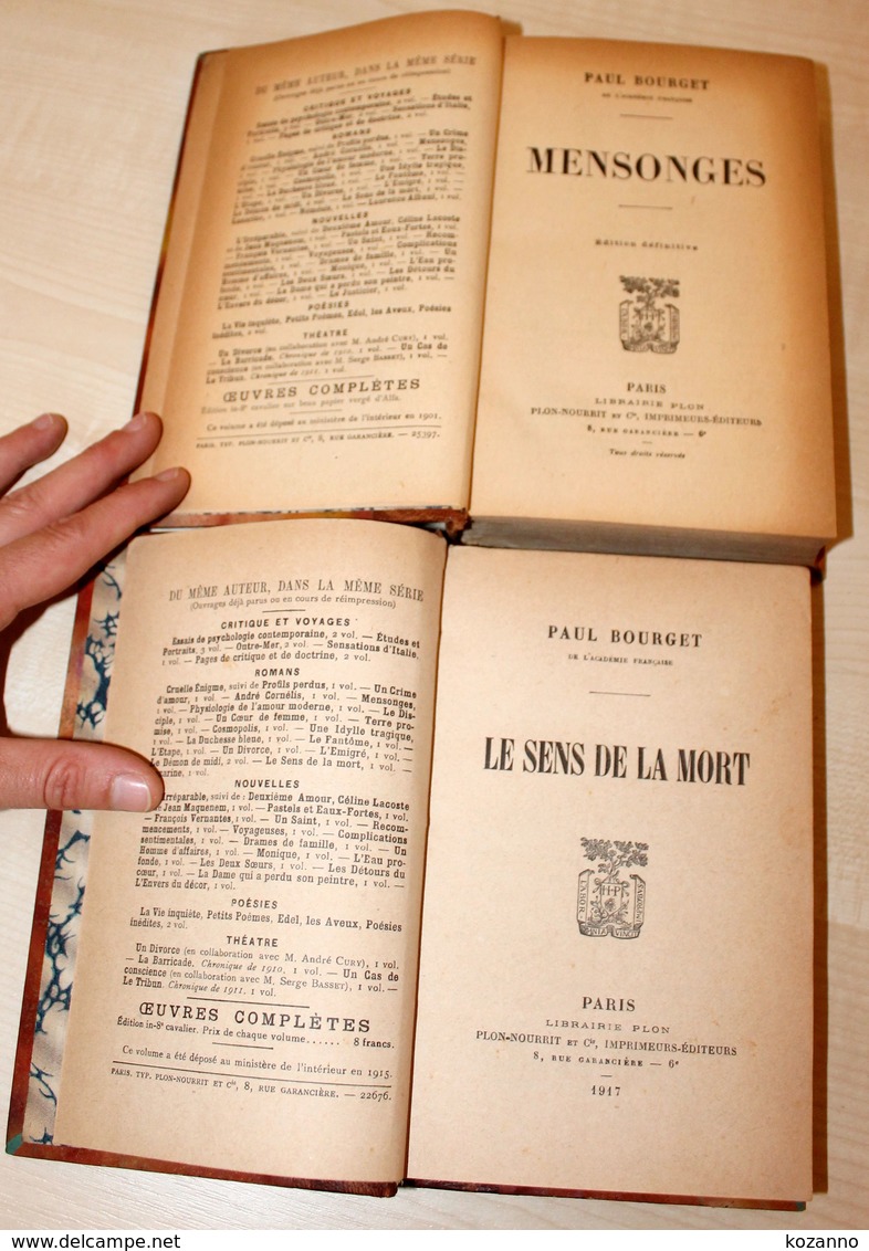 12- ANCIEN 2 LIVRE "MENSONGES" & "LE SENS DE LA MORT" De BOURGET - 1917 Ed. PLON - 1801-1900