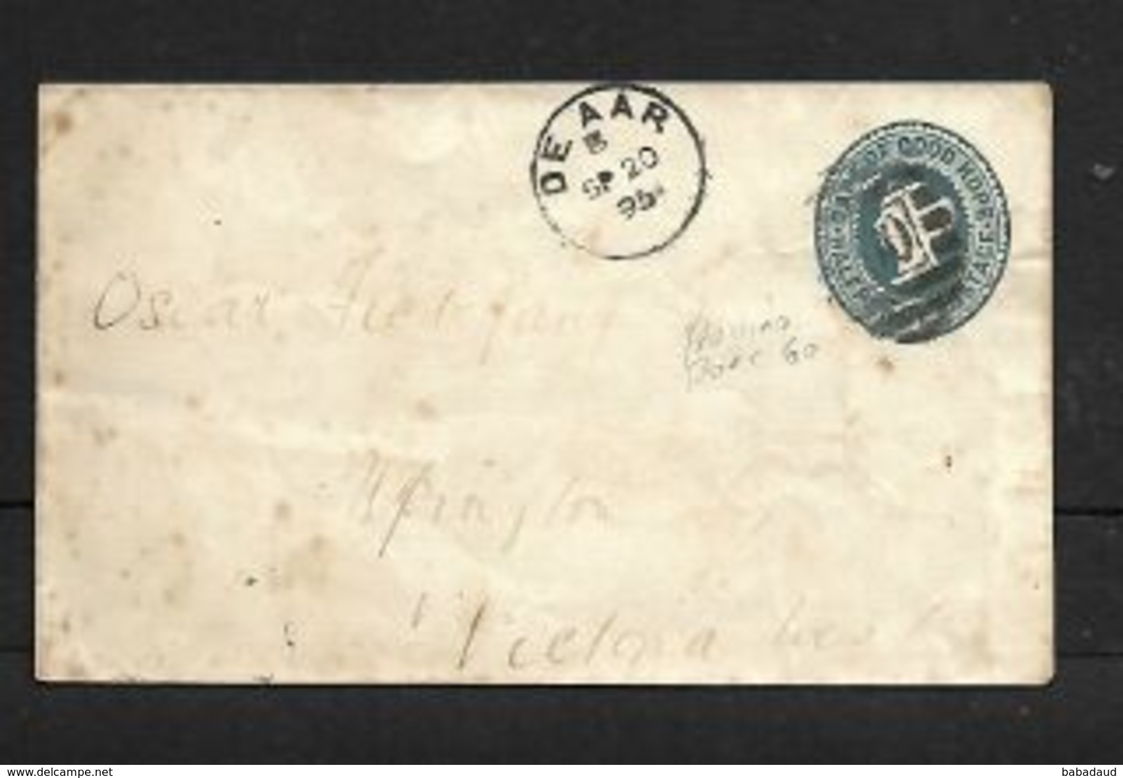 S.Africa, CoGH 1/2d Envelope, DE AAR SP 20 95 + BONC 60 > UPINGTON SP 26 95 Via Victoria West (in M/s/) - Cape Of Good Hope (1853-1904)