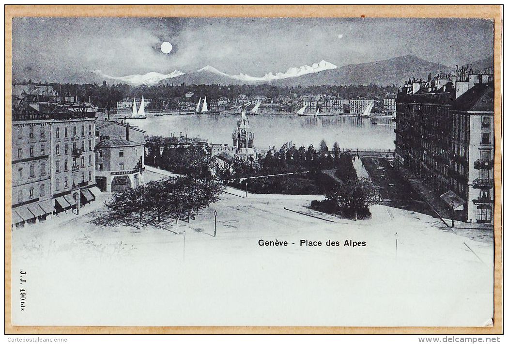 Sui325 GENEVE Place Des ALPES Au Clair De Lune 1900s J.J JULLIEN 490bis Suisse - Genève