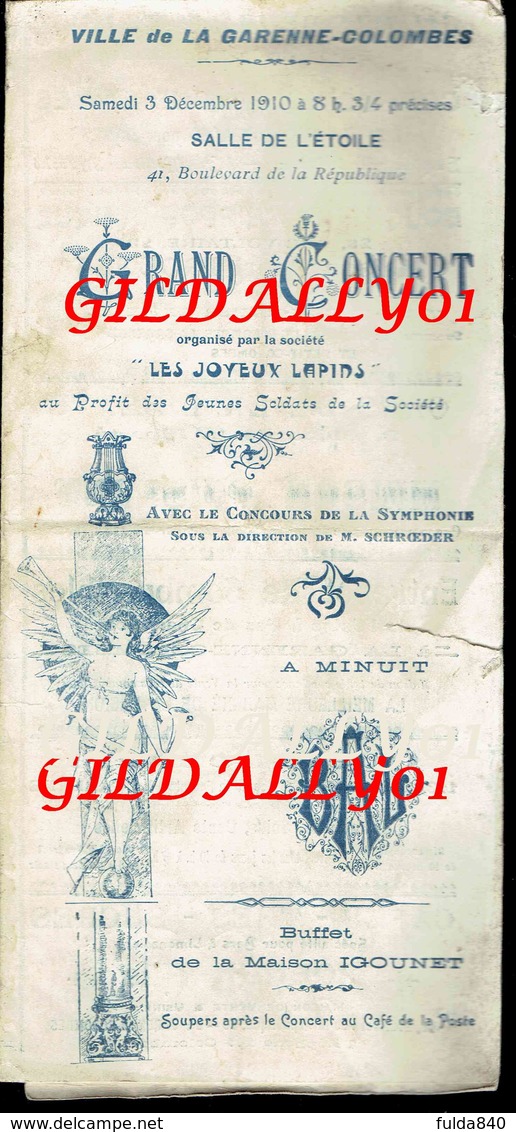 Tryptique  Publ:  GARENNE-COLOMBES.  Grand Concert Organisé Par Les  Joyeux Lapins. 3 Dec 1910. - Affiches