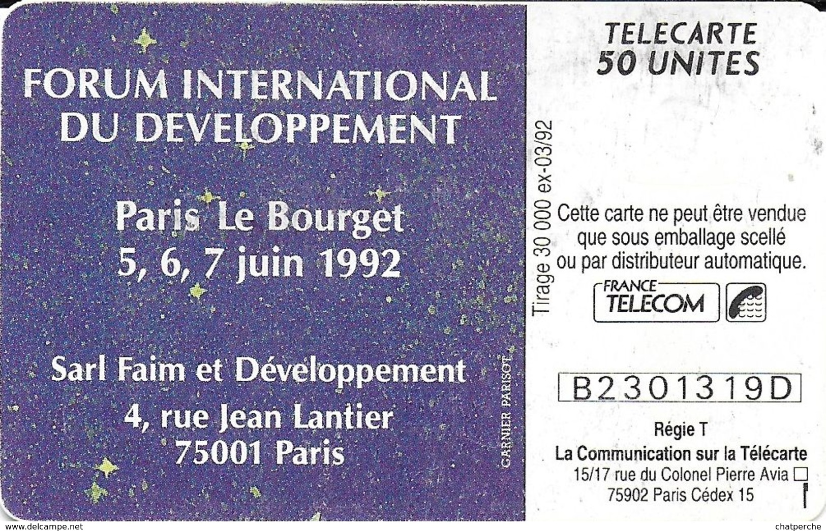 TÉLÉCARTE PHONECARD EN 325 TERRE D'AVENIR FORUM INTERNATIONAL PARIS LE BOURGET 06/1992 GLOBE TERRE - Telefoonkaarten Voor Particulieren