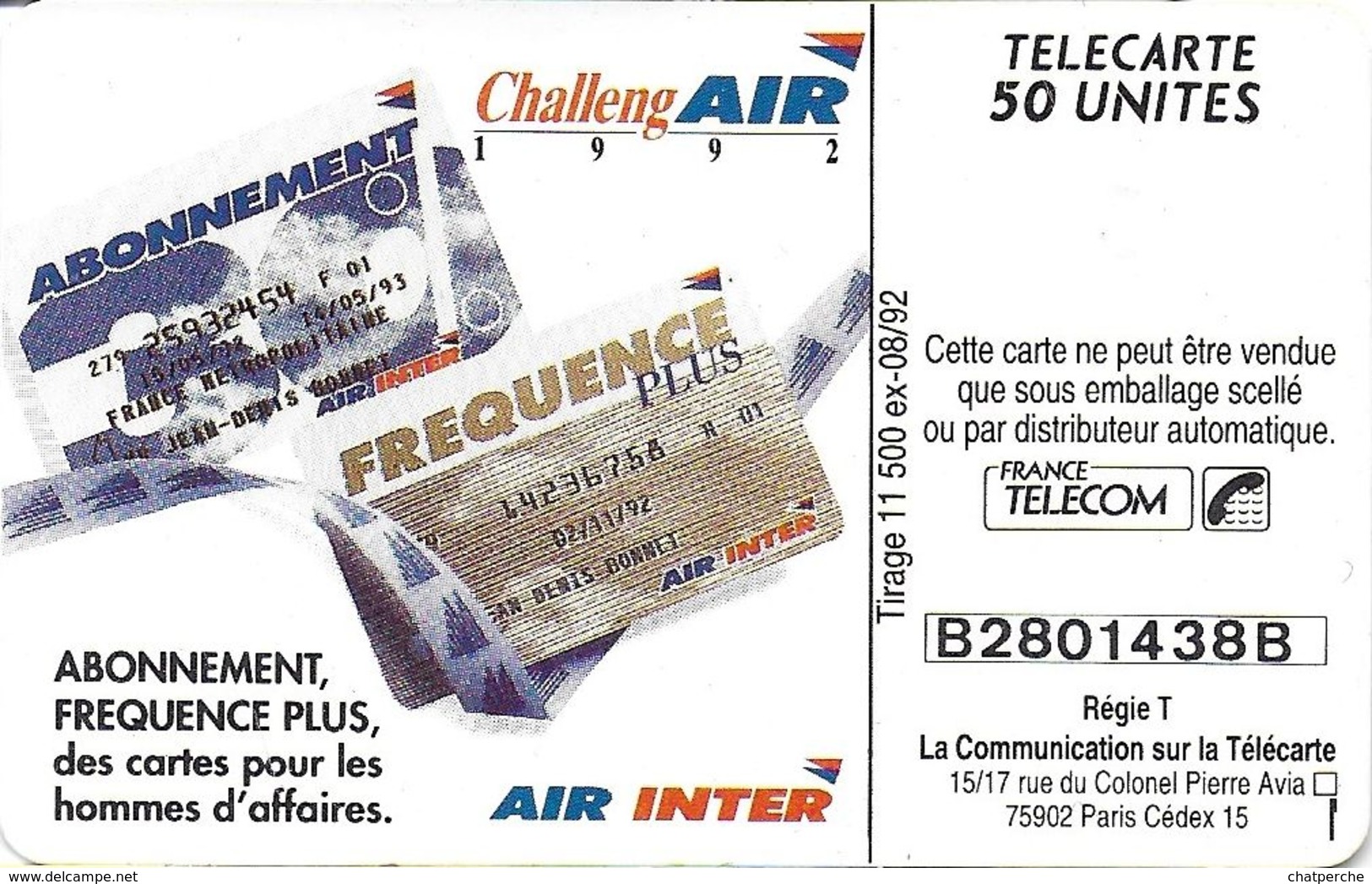 TÉLÉCARTE PHONECARD EN 421 AIR INTER 2 ABONNEMENT FRÉQUENCE PLUS TRANSPORT AVION - Privées