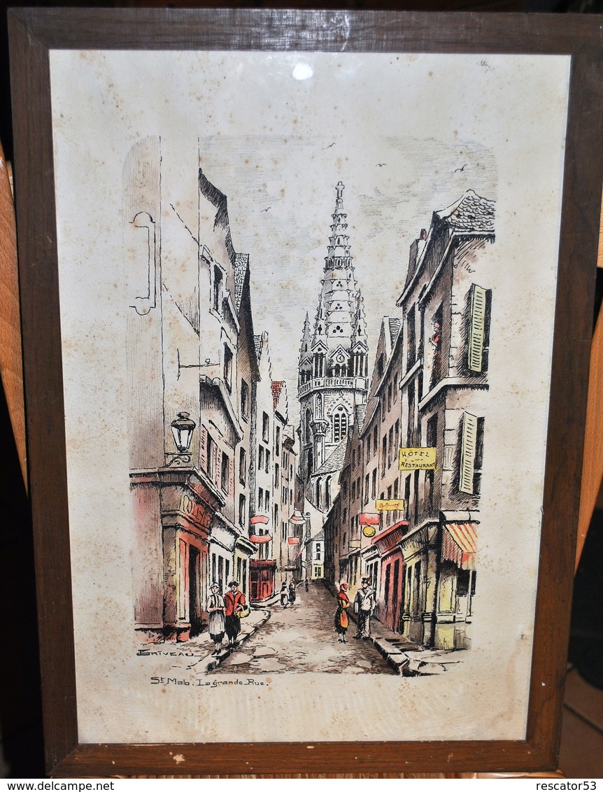 Rare Très Belle Encre Aquarellée De St Malo La Grande Rue  Signé Griveau Sous Cadre Années 40-50 - Aquarelles