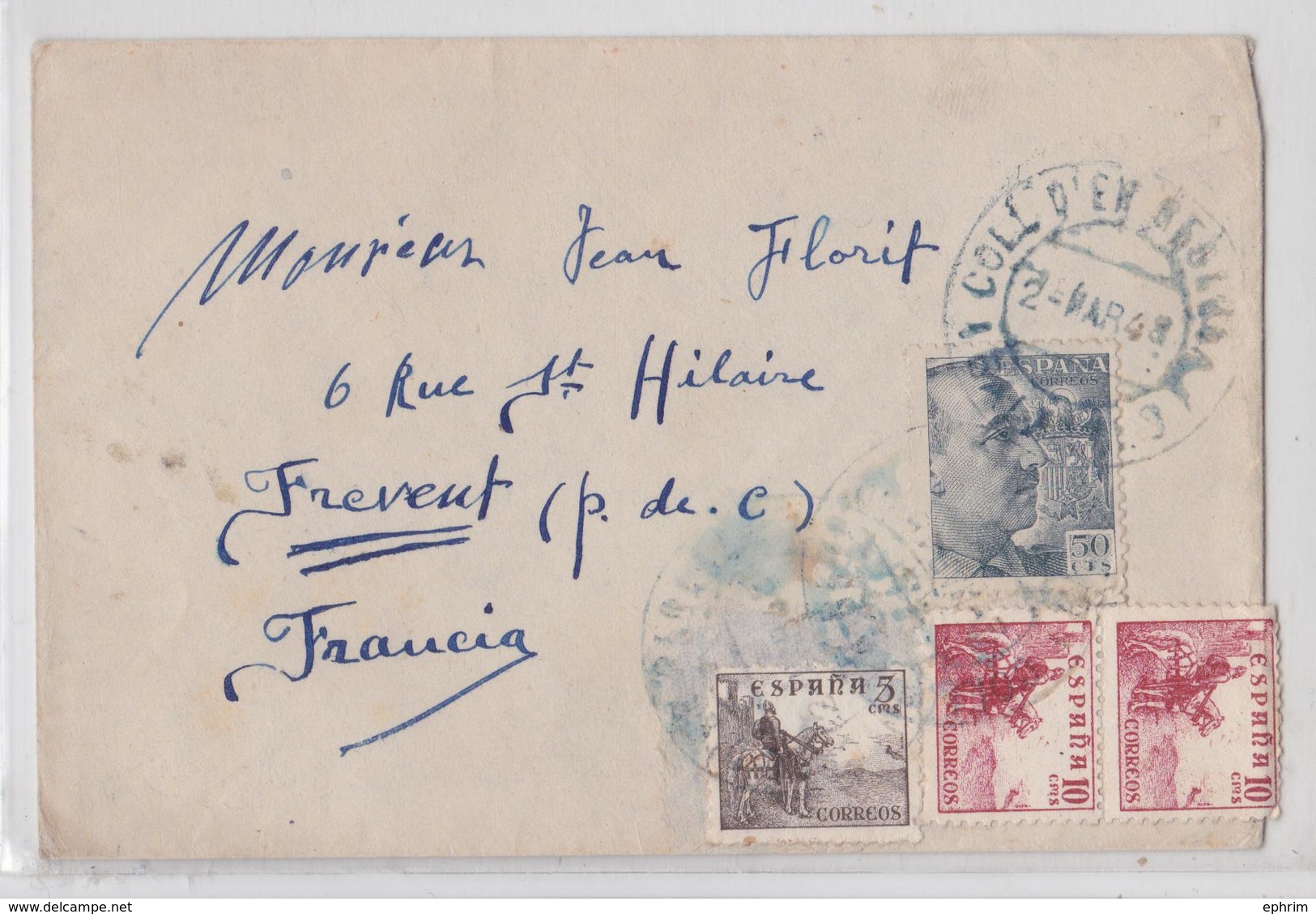 Espagne Lettre Coll D'en Rebassa Palma De Mallorca Baleares Pour Frévent 1948 - Storia Postale