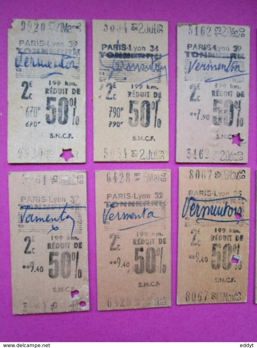 10 Anciens TICKETS BILLETS  " SNCF "  2° Classe - PARIS Gare De Lyon / Vermenton - TBE 1958 à 67 - Non Classés