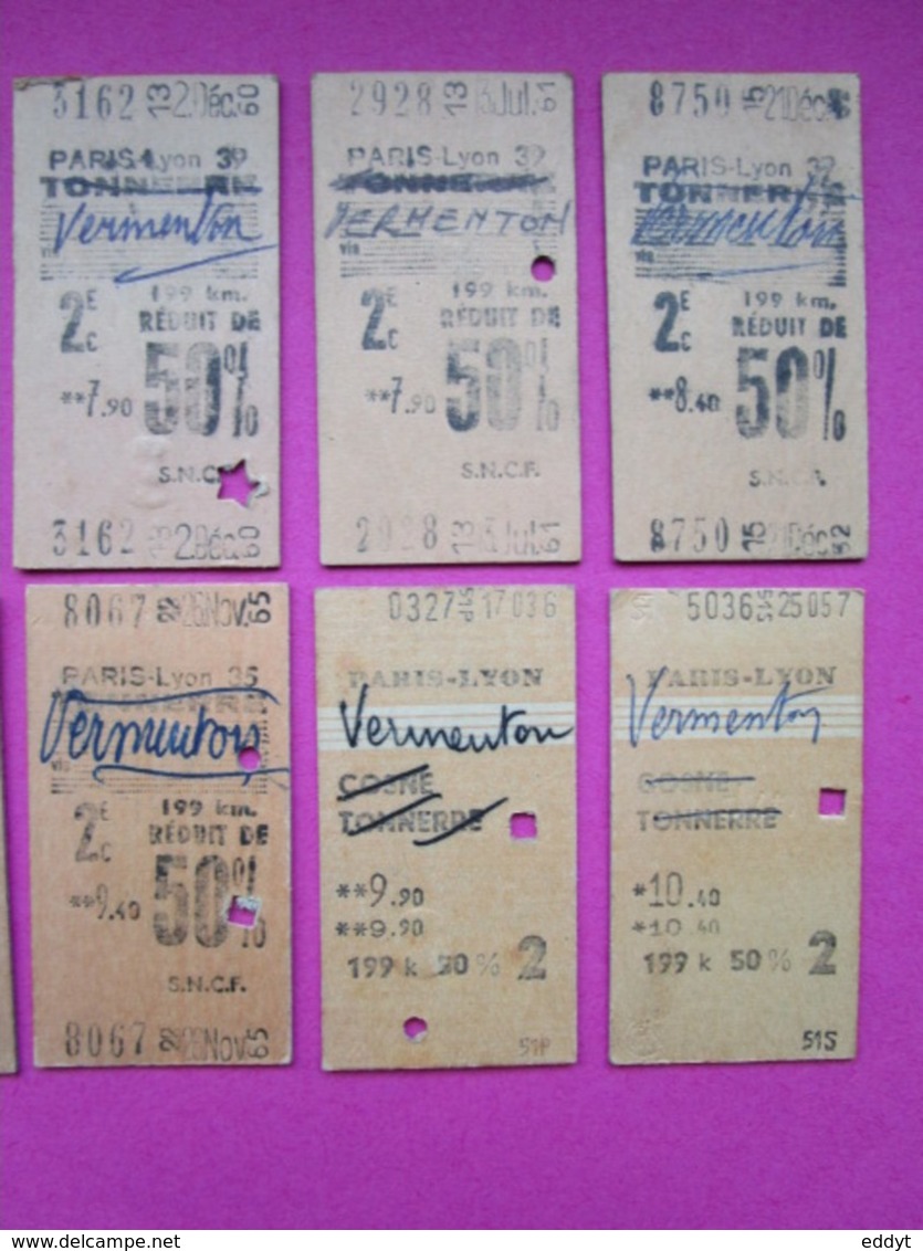 10 Anciens TICKETS BILLETS  " SNCF "  2° Classe - PARIS Gare De Lyon / Vermenton - TBE 1958 à 67 - Non Classés