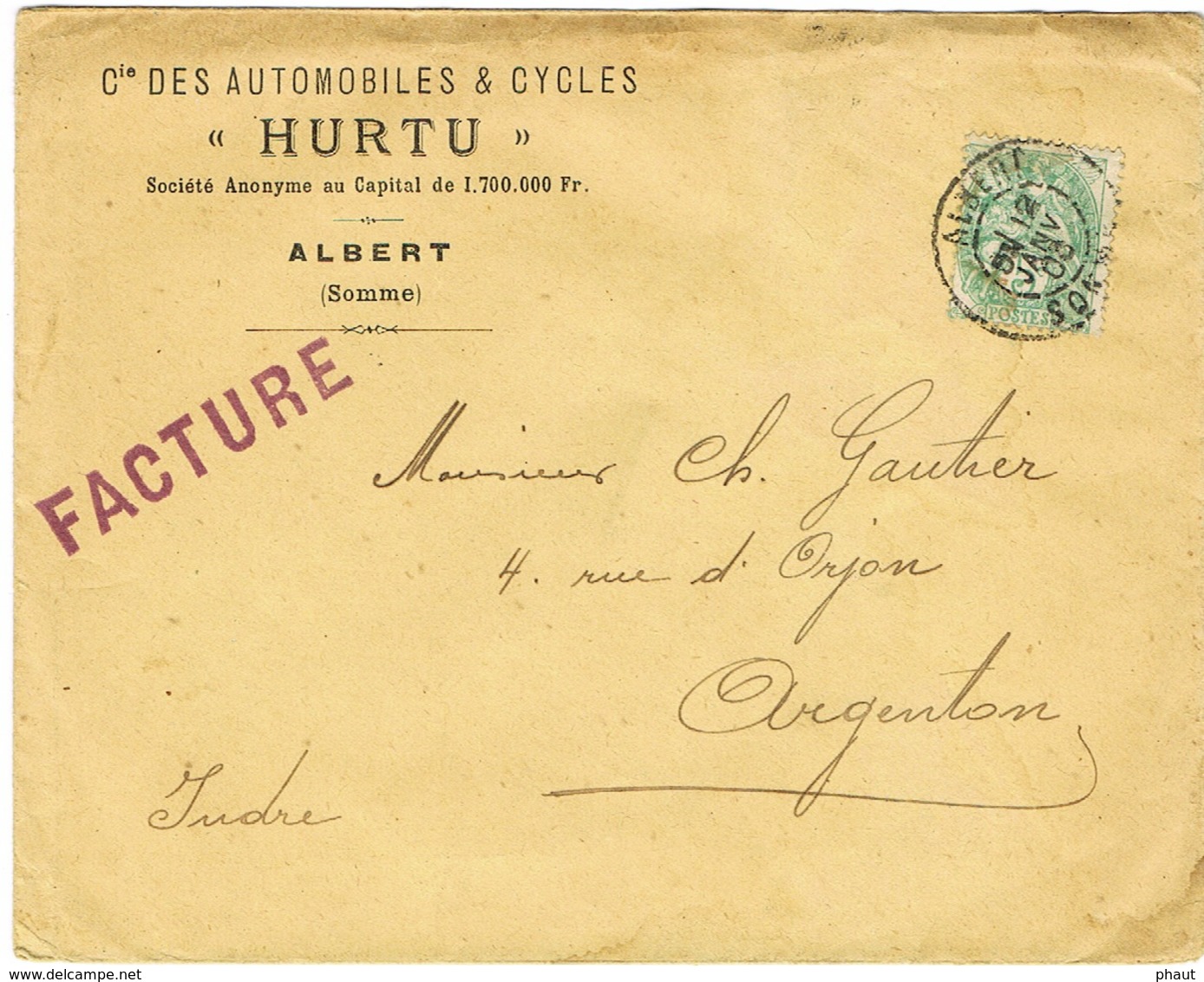 ENVELOPPE  A EN-TETE CIE DES AUTOMOBILES ET CYCLES HURTU ALBERT SOMME TARIF FACTURE - 1877-1920: Période Semi Moderne