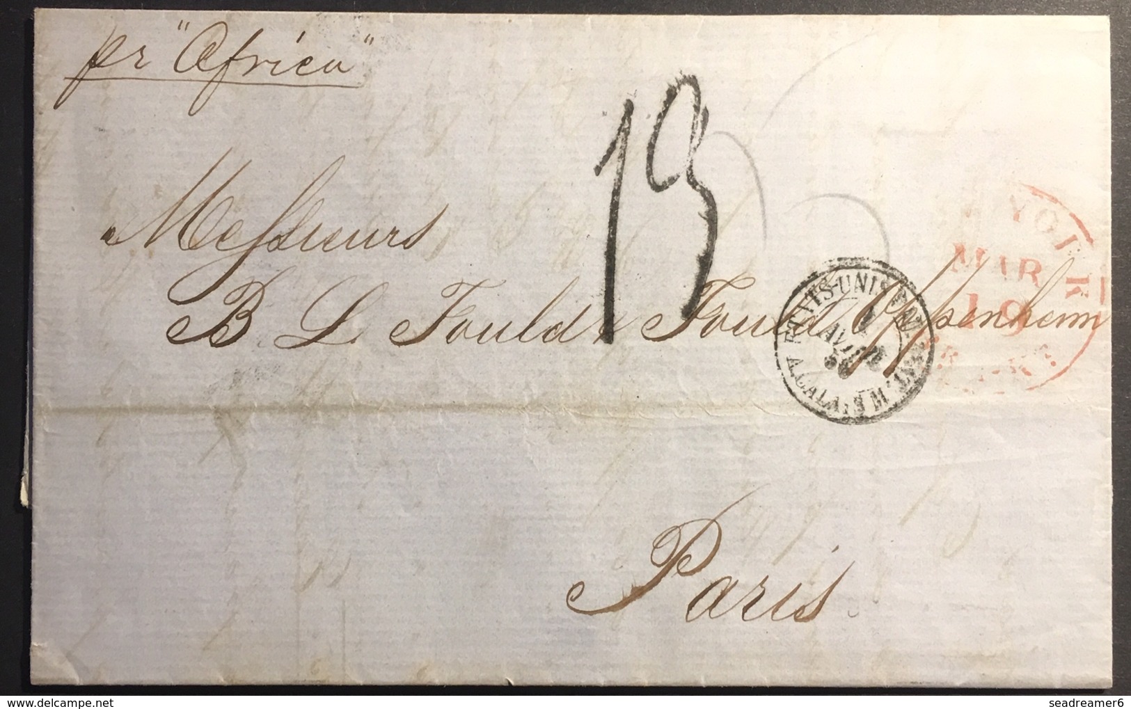 CUBA Mars 1856 Lettre "acheminée" De L'agence Robert & Williams NY Par Steamer Africa Pour Paris Signée LAMY - Prephilately