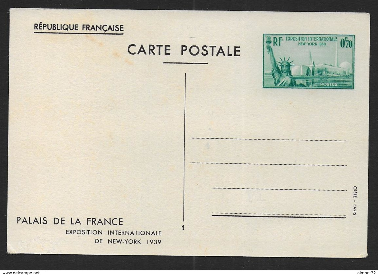 France - Entier  Exposition Internationale De New York 1939 - Standaardpostkaarten En TSC (Voor 1995)