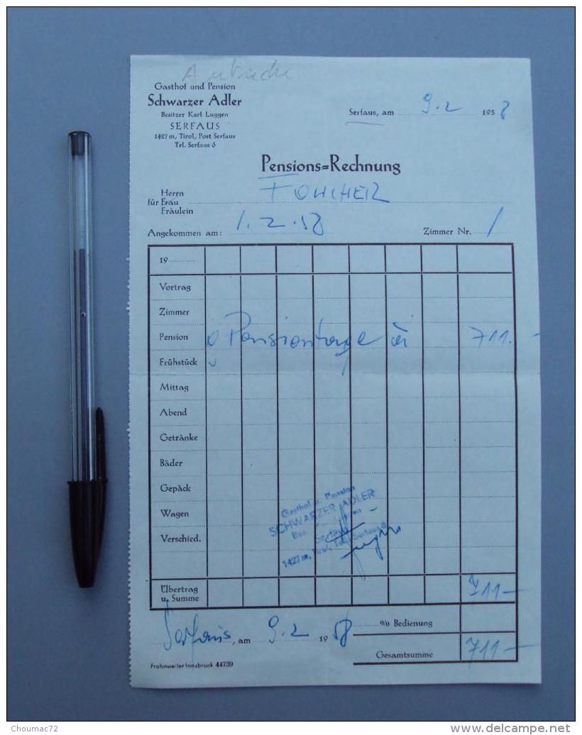 Autriche 002  Facture Serfaus Tirol Gasthof Und Pension Schwarzer Alder - 1958 - Austria