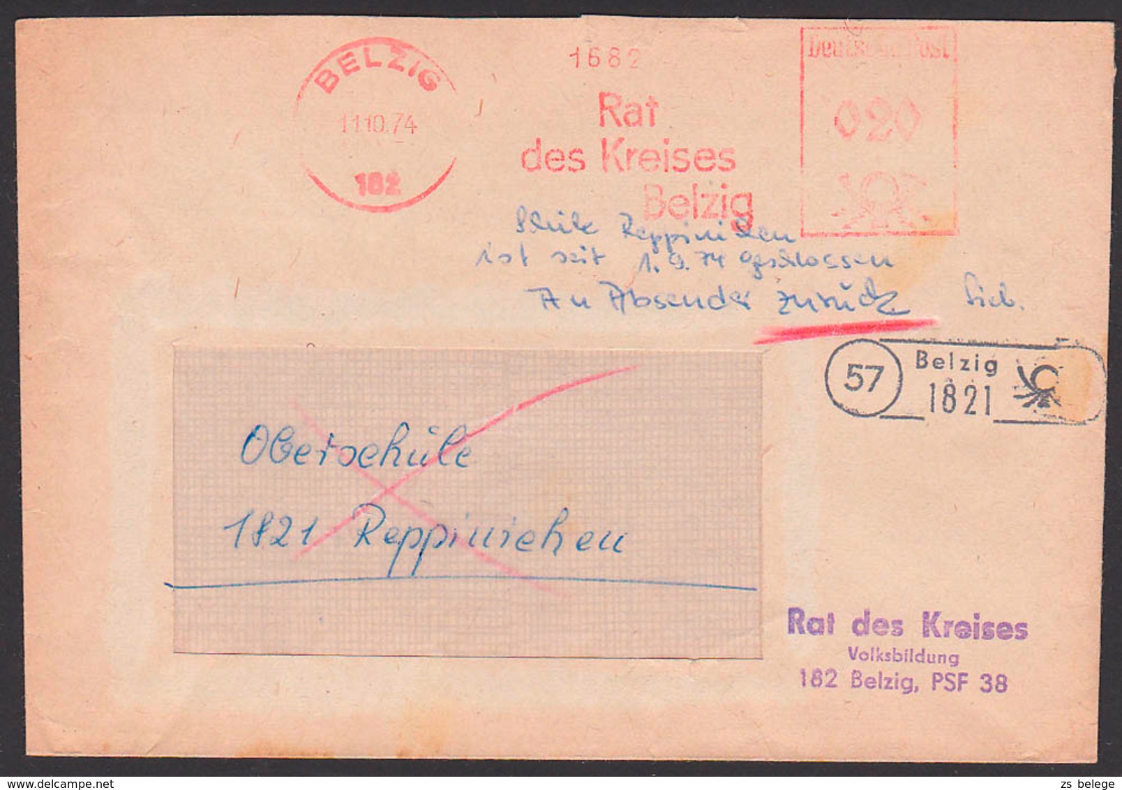 Belzig AFS =DP 020= 1974, Reppinchen, Vermerk Schule Seit 1.9.74 Geschlossen - Zurück -, Int. Zeitdokument - Maschinenstempel (EMA)