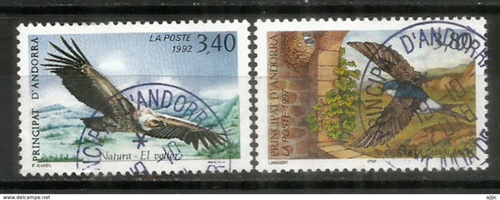 Oiseaux D'Andorre:Le Vautour & L'Hirondelle,  2 Timbres Oblitérés,1 ère Qualité, Oblitération Ronde. - Gebraucht