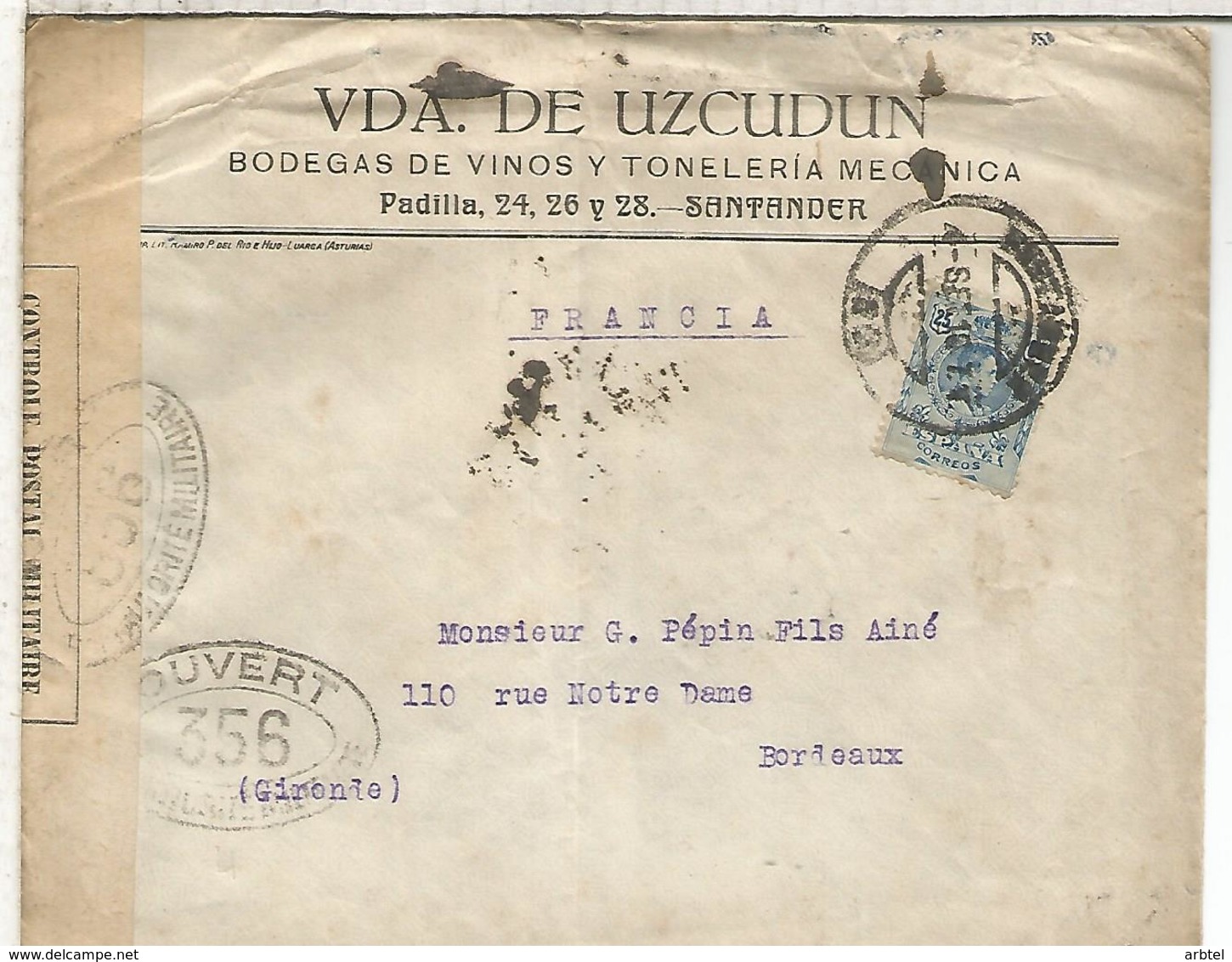 SANTANDER CANTABRIA  CC A BURDEOS 1916 CON CENSURA MILITAR FRANCESA TEMA VINO ENOLOGIA WINE - Cartas & Documentos
