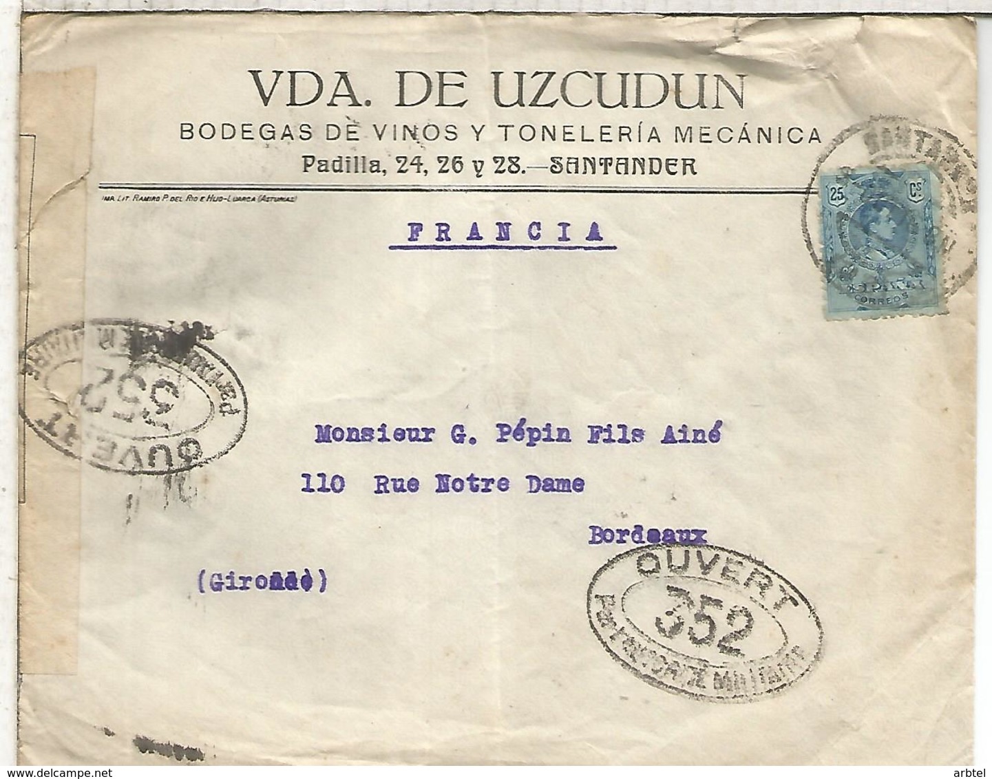 SANTANDER CANTABRIA  CC A BURDEOS 1916 CON CENSURA MILITAR FRANCESA TEMA VINO ENOLOGIA WINE - Cartas & Documentos