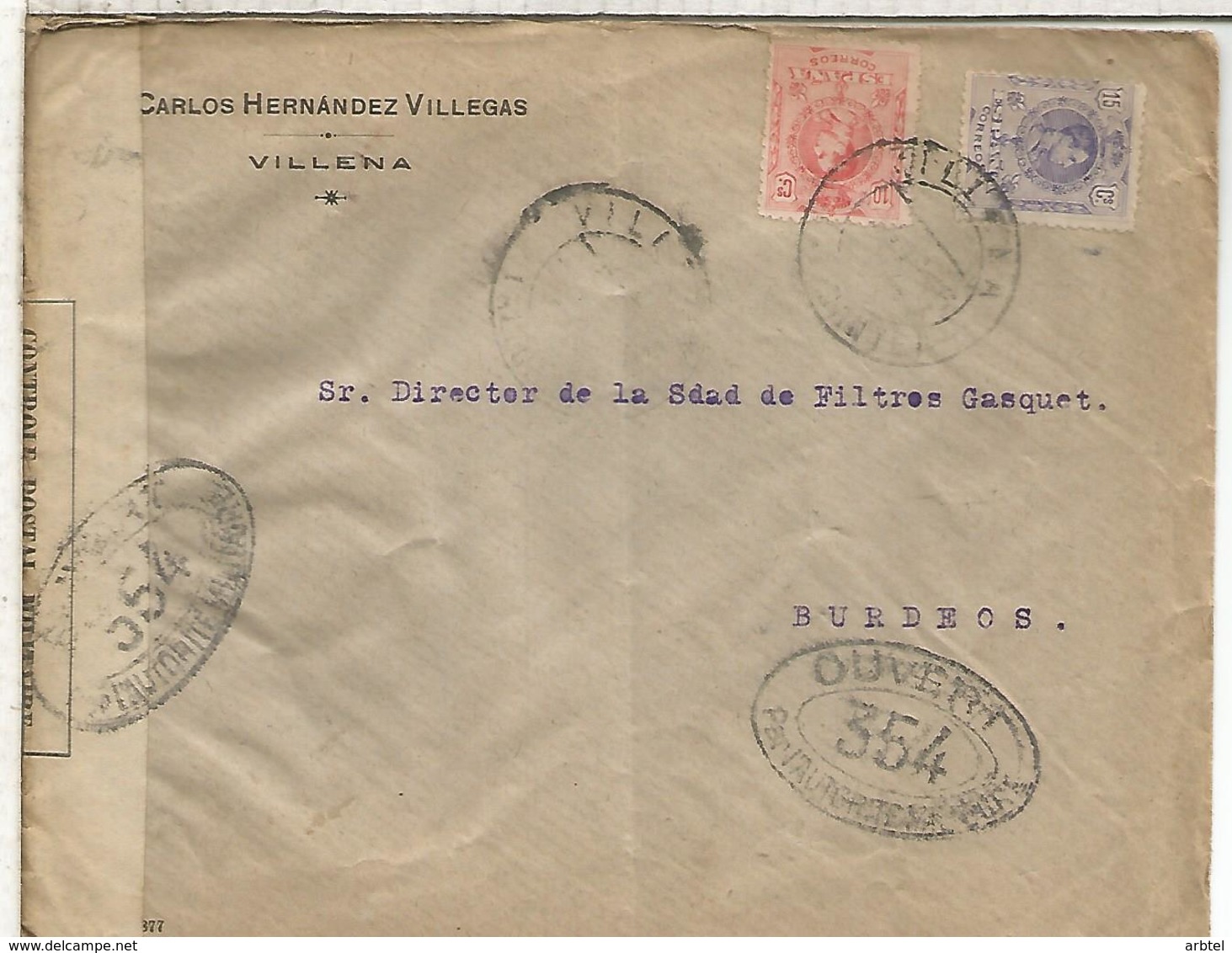 VILLENA ALICANTE   CC A BURDEOS 1916 CON CENSURA MILITAR FRANCESA - Cartas & Documentos