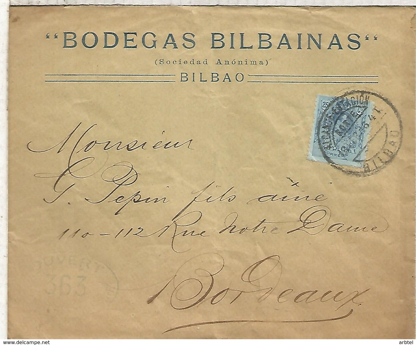 BILBAO MAT ALCANCE ESTACION CC A BURDEOS 1916 CON CENSURA MILITAR FRANCESA BODEGAS BILBAINAS VINO WINE ENOLOGIA - Cartas & Documentos